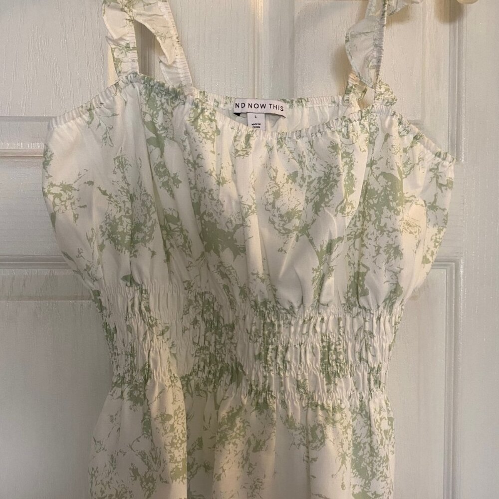 "And Now This" Women's Wide Strap Ruffle Trim Top Size L Green and White